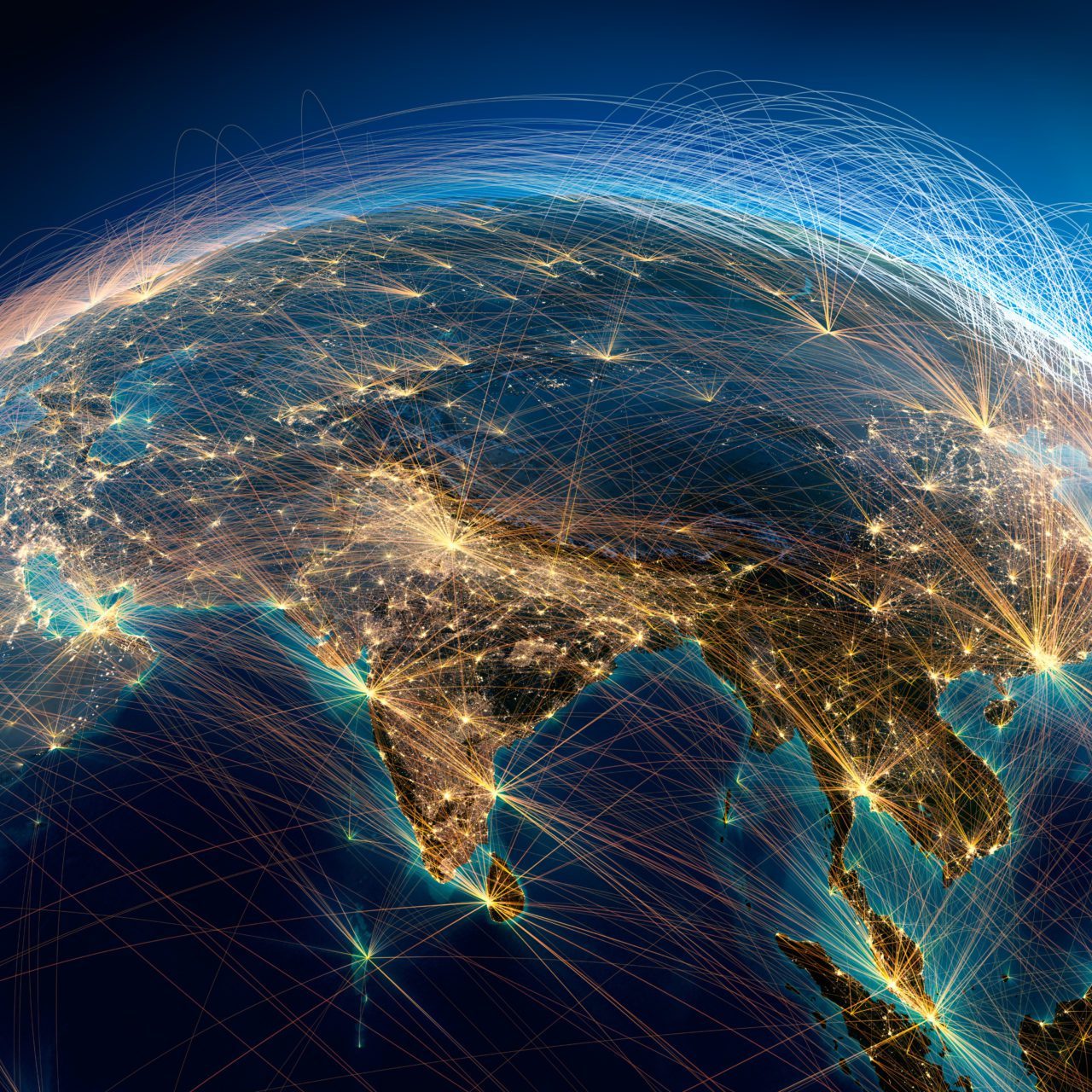 Planet Earth with detailed relief is covered with a complex luminous network of air routes based on real data. India. South-east Asia. 3D rendering. Elements of this image furnished by NASA